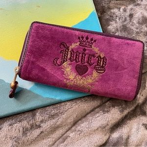 Y2K Juicy Couture Embroidered Velour Plum Logo Insignia Crest Zipper Wallet
